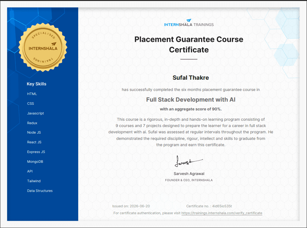 Full Stack Web Development certificate